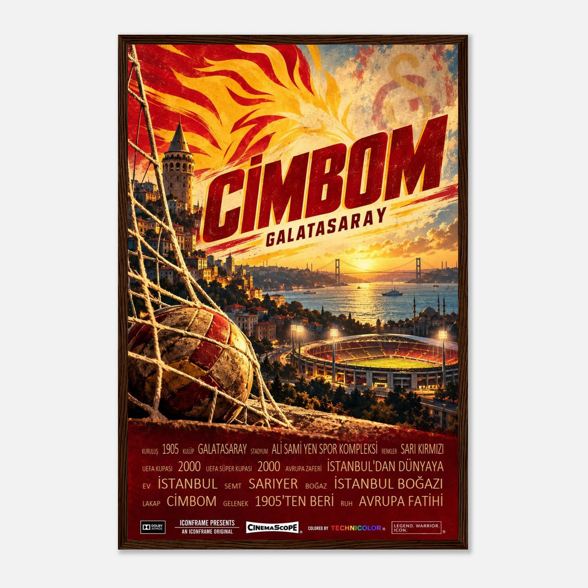 Galatasaray Istanbul Poster „Cimbom“ – 40 × 60 cm, mit dunkelbraunem Holzrahmen