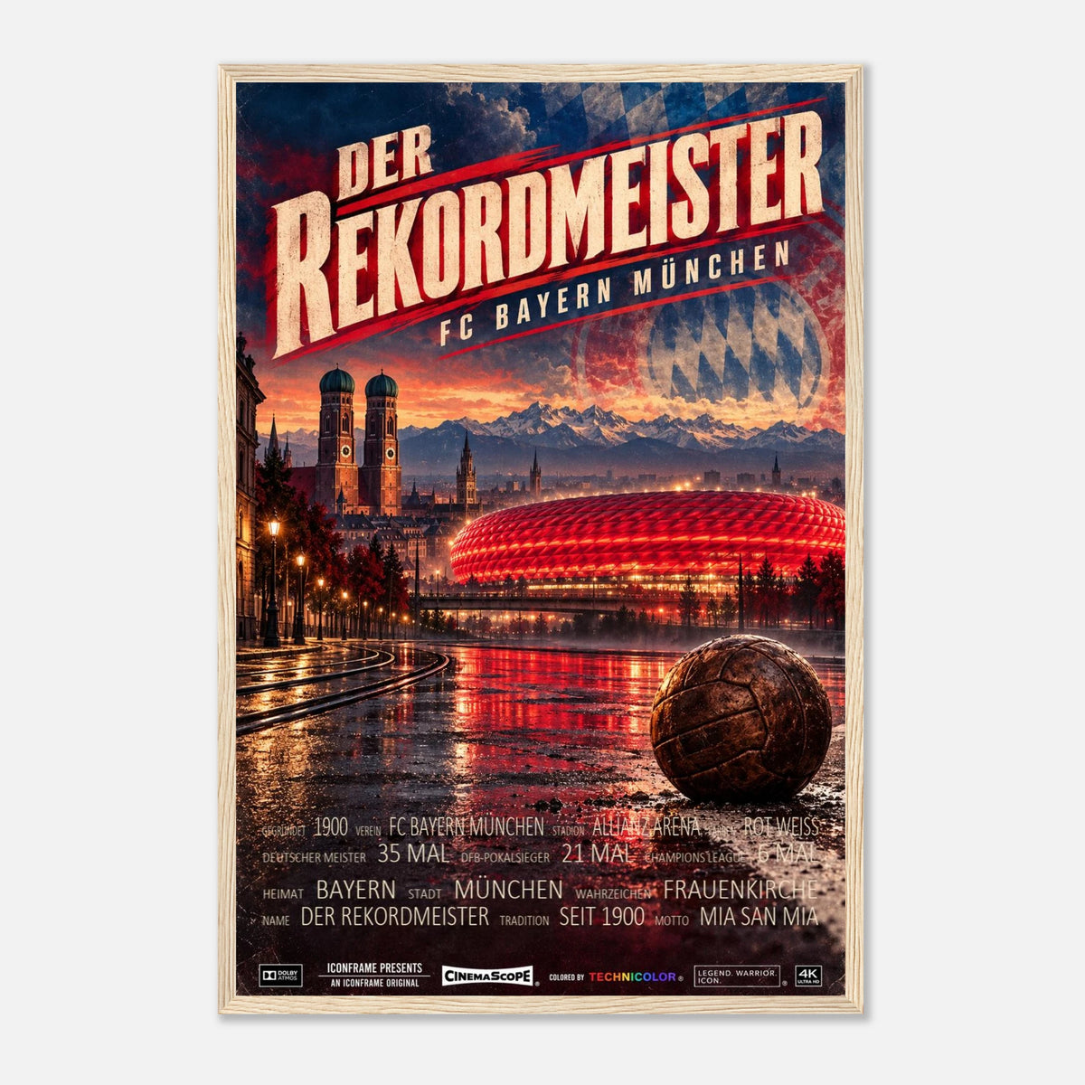 Bayern München Poster „Der Rekordmeister“ – 40 × 60 cm, mit naturfarbenem Holzrahmen
