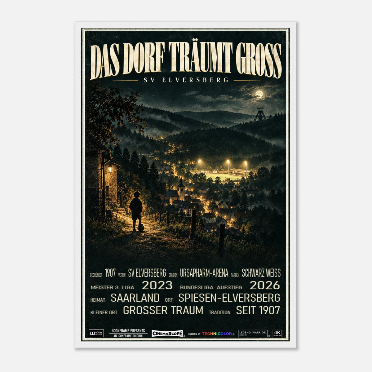 SV Elversberg Poster „Das Dorf träumt groß“ – 40 × 60 cm, mit weißem Holzrahmen vor hellem Hintergrund