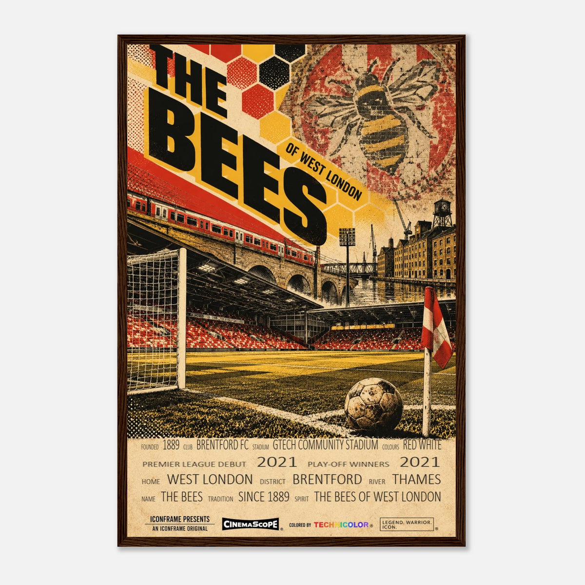 Brentford Poster „The Bees“ – 40 × 60 cm, mit dunkelbraunem Holzrahmen vor hellem Hintergrund