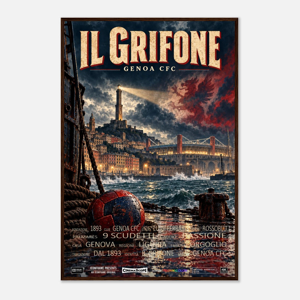 CFC Genua Poster „Il Grifone“ – 60 × 90 cm, mit dunkelbraunem Holzrahmen vor hellem Hintergrund