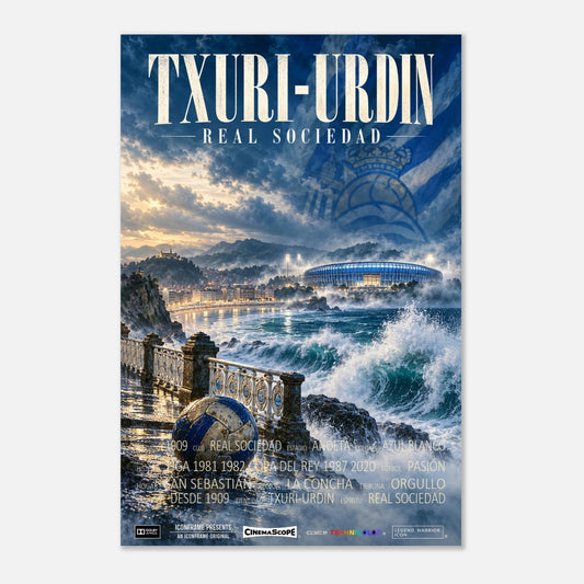Real Sociedad Poster „Txuri-Urdin“ – 60 × 90 cm, ohne Rahmen vor hellem Hintergrund