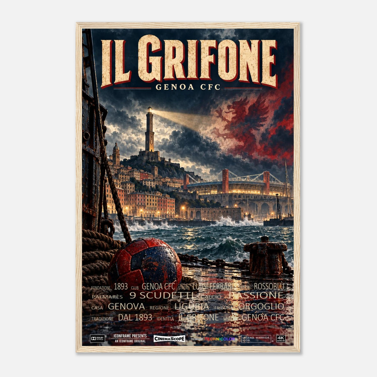 CFC Genua Poster „Il Grifone“ – 40 × 60 cm, mit naturfarbenem Holzrahmen vor hellem Hintergrund