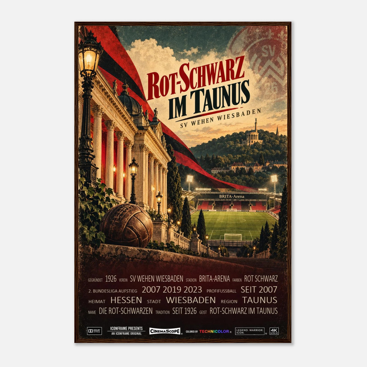 SV Wehen Wiesbaden Poster „Rot-Schwarz im Taunus“ – 60 × 90 cm, mit dunkelbraunem Holzrahmen
