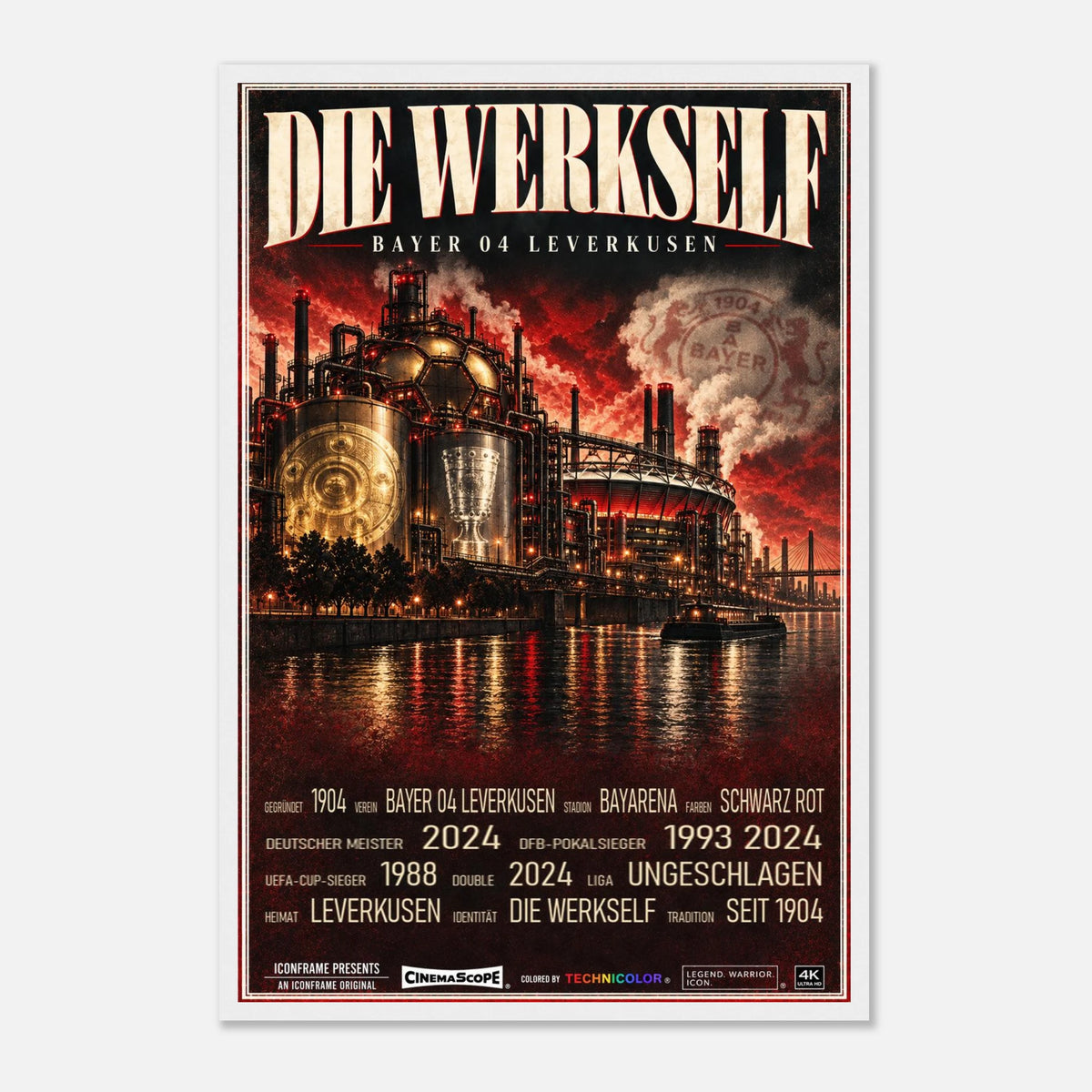 Bayer 04 Leverkusen Poster „Die Werkself“ – 40 × 60 cm, mit weißem Holzrahmen vor hellem Hintergrund