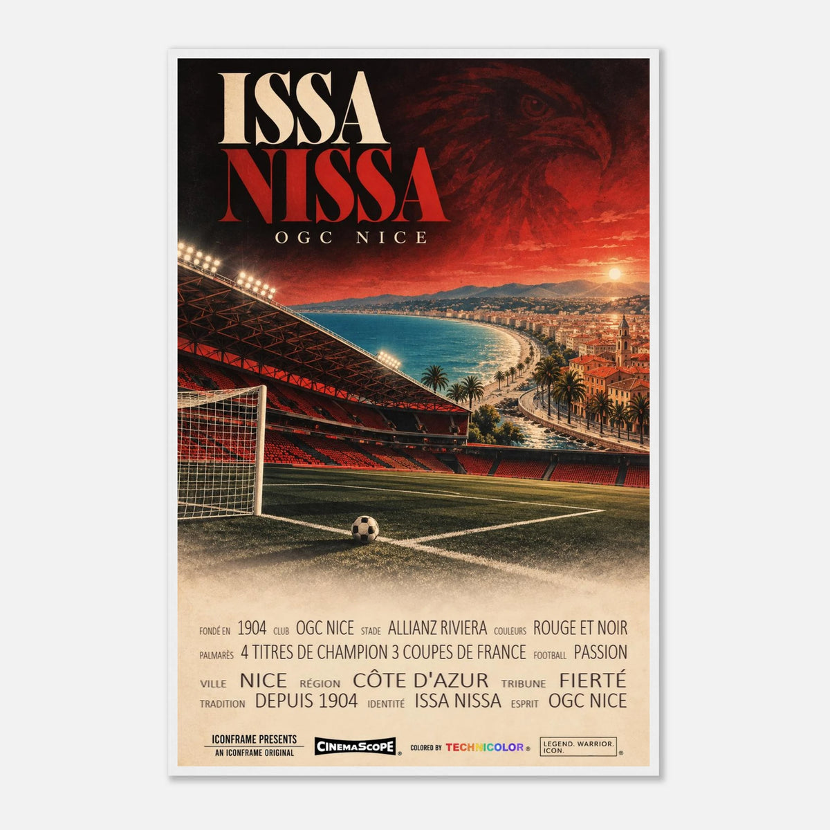 OGC Nizza Poster „Issa Nissa“ – 60 × 90 cm, mit weißem Holzrahmen