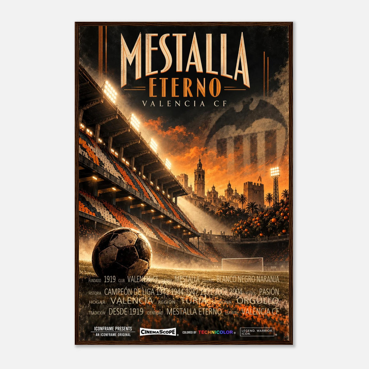 FC Valencia Poster „Mestalla Eterno“ – 60 × 90 cm, mit dunkelbraunem Holzrahmen vor hellem Hintergrund