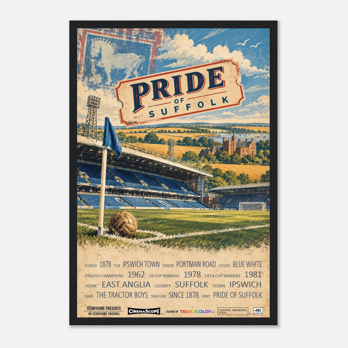 Ipswich Town Poster „Pride of Suffolk“ – 30 × 45 cm, mit schwarzem Holzrahmen vor hellem Hintergrund
