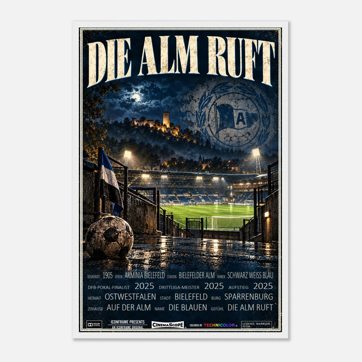 Arminia Bielefeld Poster „Die Alm ruft“ – 40 × 60 cm, mit weißem Holzrahmen vor hellem Hintergrund