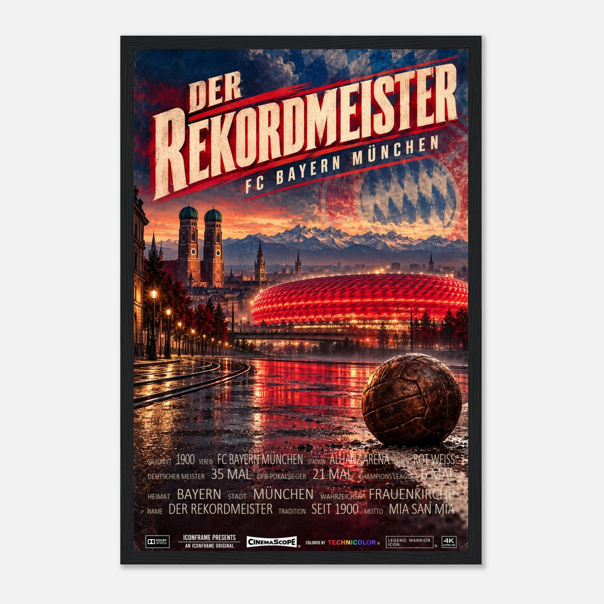 Bayern München Poster „Der Rekordmeister“ – 30 × 45 cm, mit schwarzem Holzrahmen