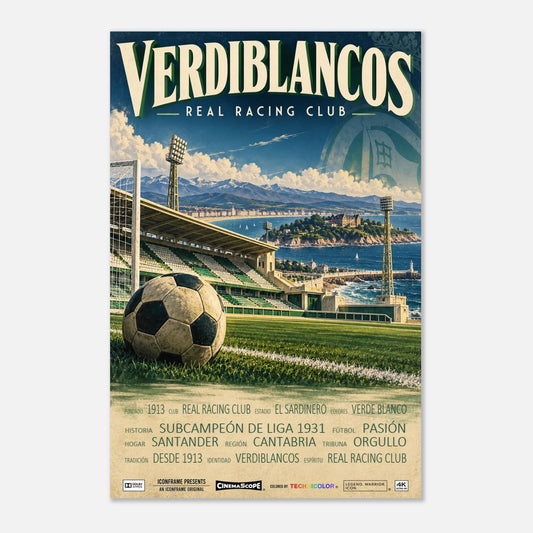 Racing Santander Poster „Verdiblancos“ – 60 × 90 cm, ohne Rahmen vor hellem Hintergrund