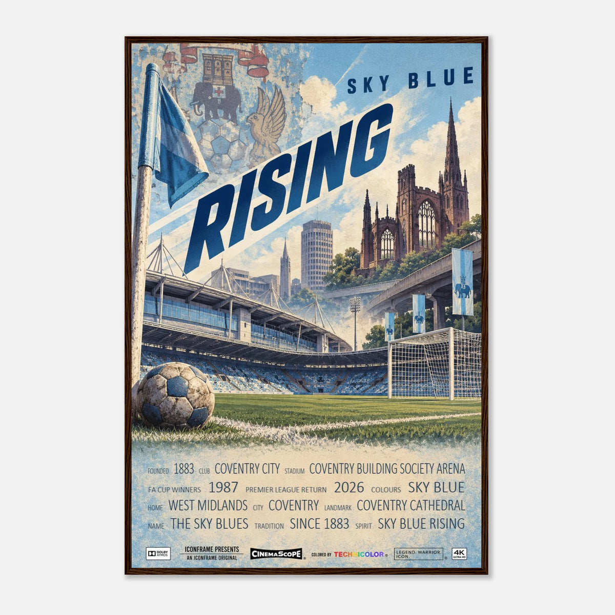 Coventry City Poster „Sky Blue Rising“ – 60 × 90 cm, mit dunkelbraunem Holzrahmen vor hellem Hintergrund
