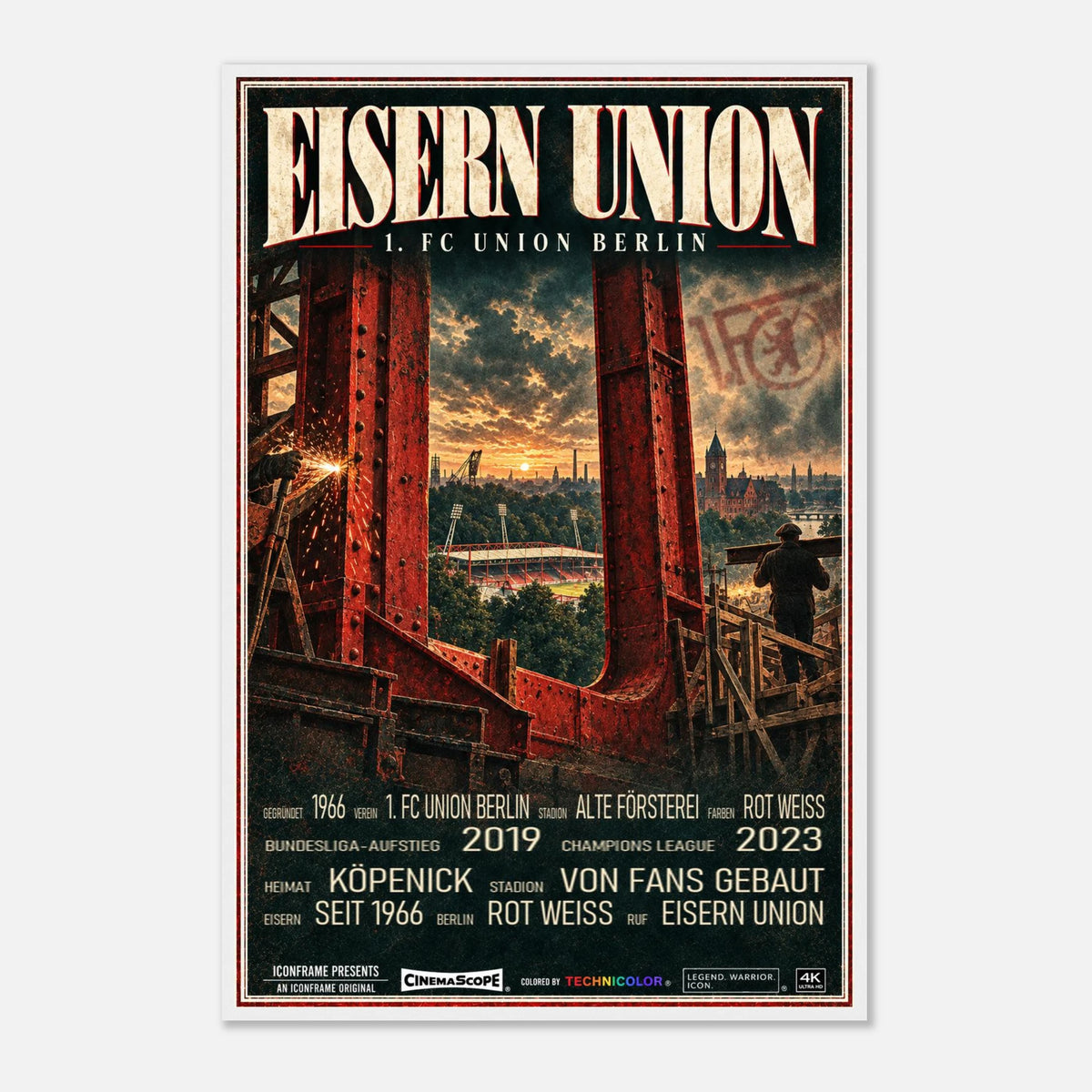 Union Berlin Poster „Eisern Union“ – 60 × 90 cm, mit weißem Holzrahmen vor hellem Hintergrund