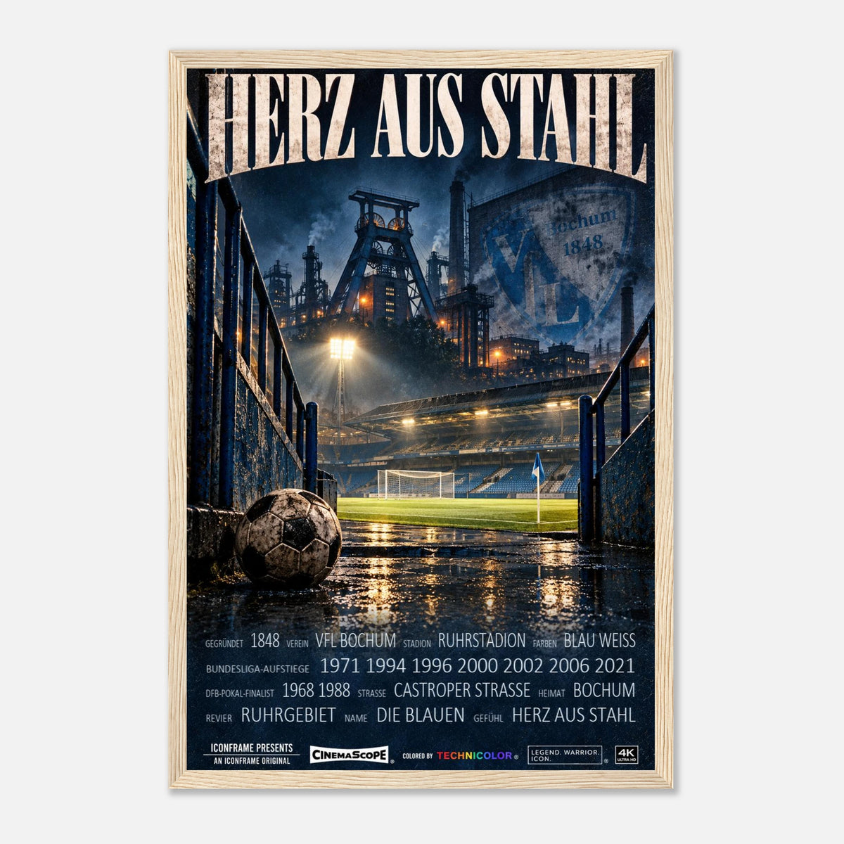 VfL Bochum Poster „Herz aus Stahl“ – 30 × 45 cm, mit naturfarbenem Holzrahmen vor hellem Hintergrund