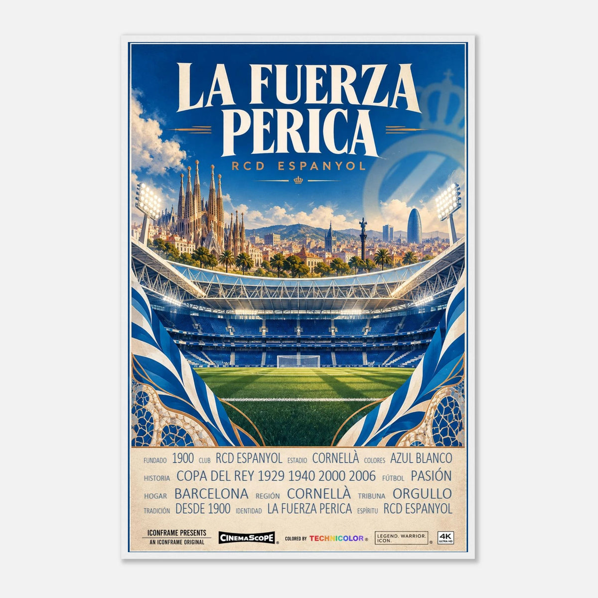 Espanyol Barcelona Poster „La Fuerza Perica“ – 60 × 90 cm, mit weißem Holzrahmen vor hellem Hintergrund