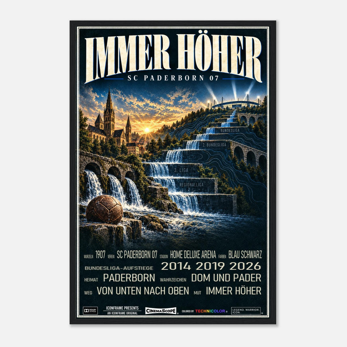 SC Paderborn 07 Poster „Immer höher“ – 40 × 60 cm, mit schwarzem Holzrahmen vor hellem Hintergrund