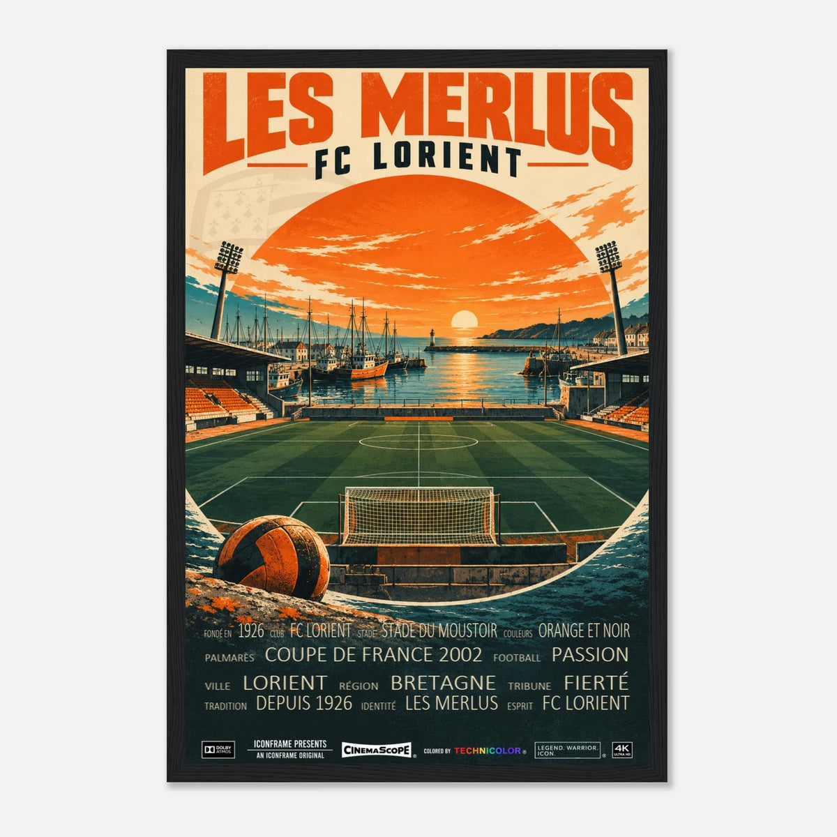 FC Lorient Poster „Les Merlus“ – 30 × 45 cm, mit schwarzem Holzrahmen