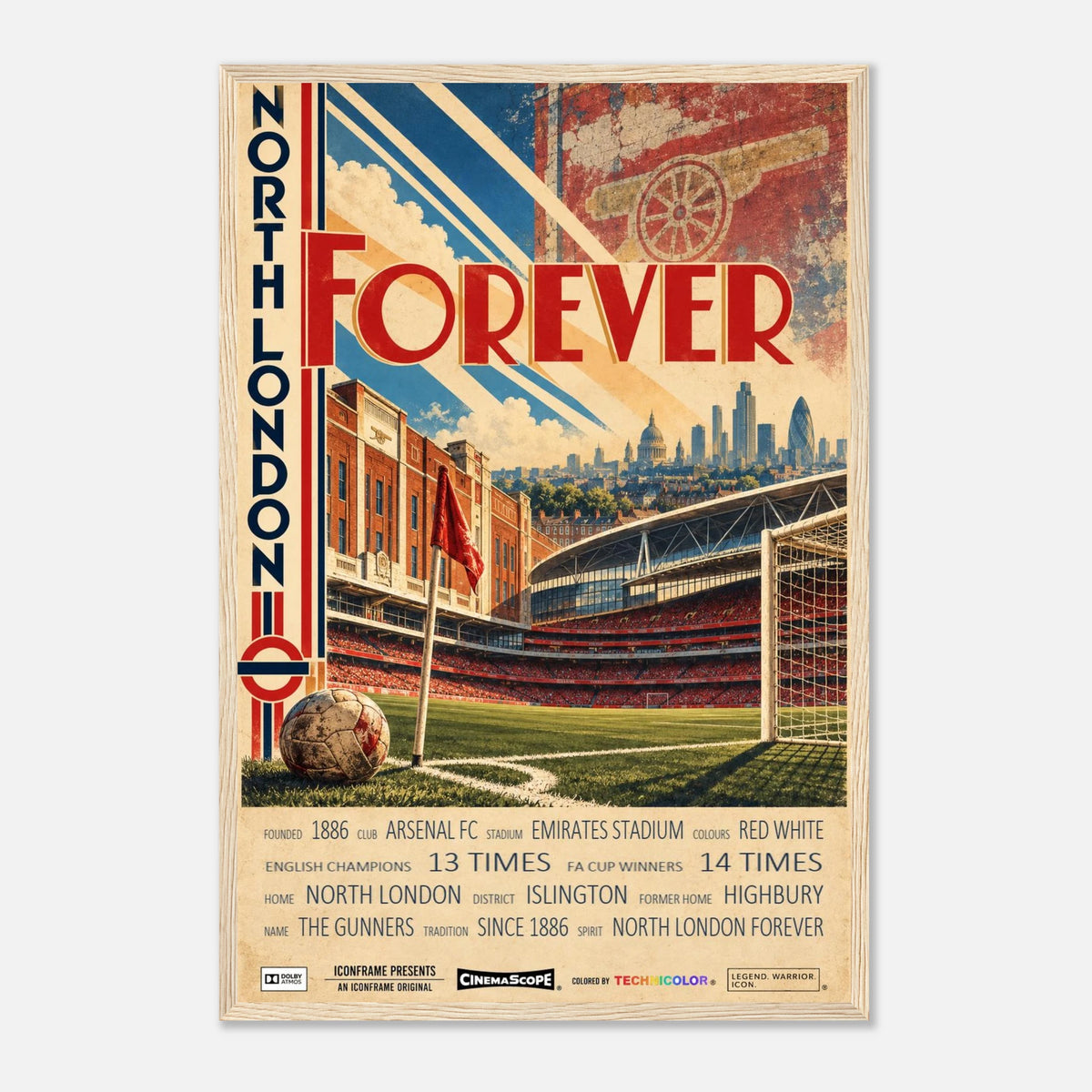 Arsenal Poster „North London Forever“ – 40 × 60 cm, mit naturfarbenem Holzrahmen vor hellem Hintergrund
