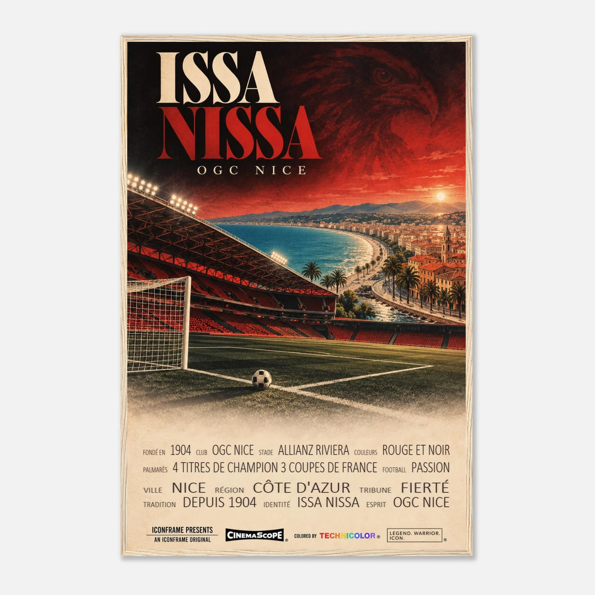 OGC Nizza Poster „Issa Nissa“ – 60 × 90 cm, mit naturfarbenem Holzrahmen