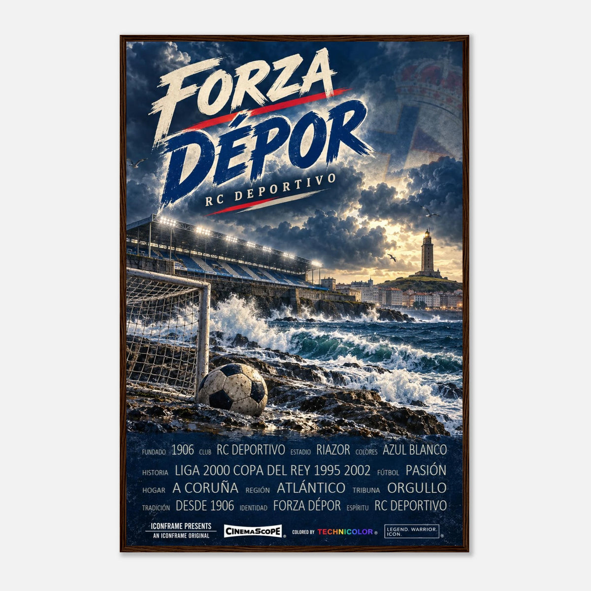 Deportivo A Coruña Poster „Forza Dépor“ – 60 × 90 cm, mit dunkelbraunem Holzrahmen vor hellem Hintergrund