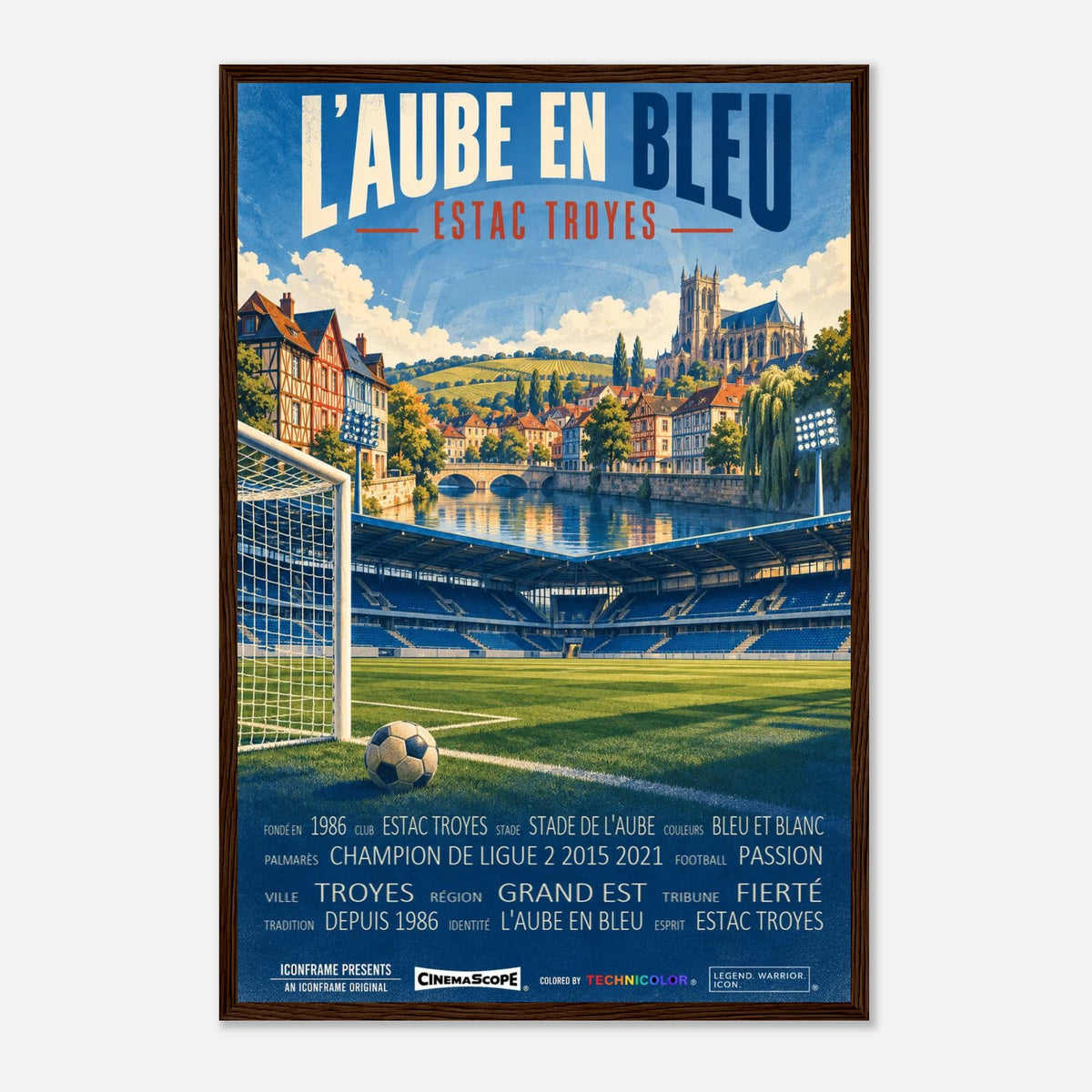 ES Troyes AC Poster „L’Aube en Bleu“ – 40 × 60 cm, mit dunkelbraunem Holzrahmen