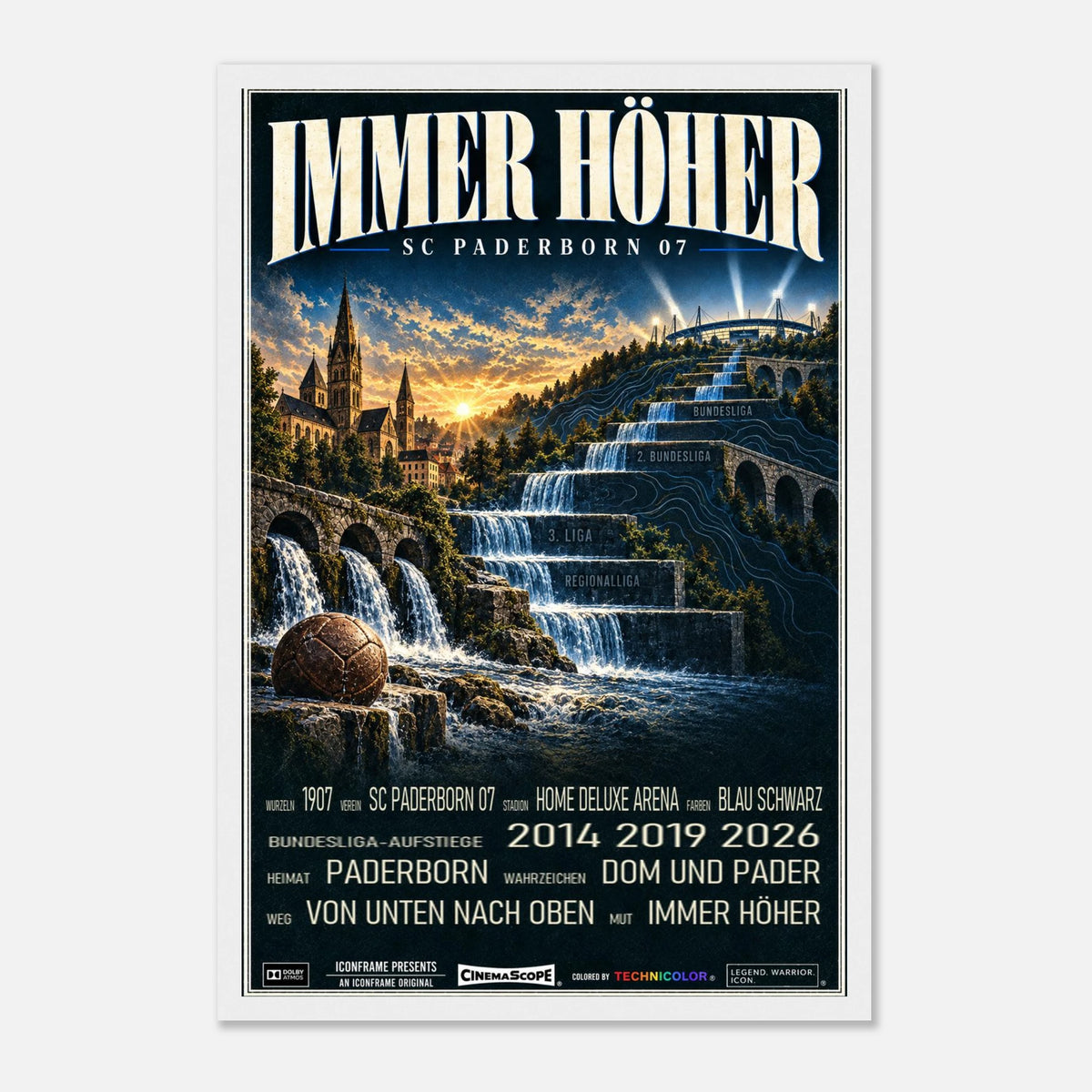 SC Paderborn 07 Poster „Immer höher“ – 30 × 45 cm, mit weißem Holzrahmen vor hellem Hintergrund
