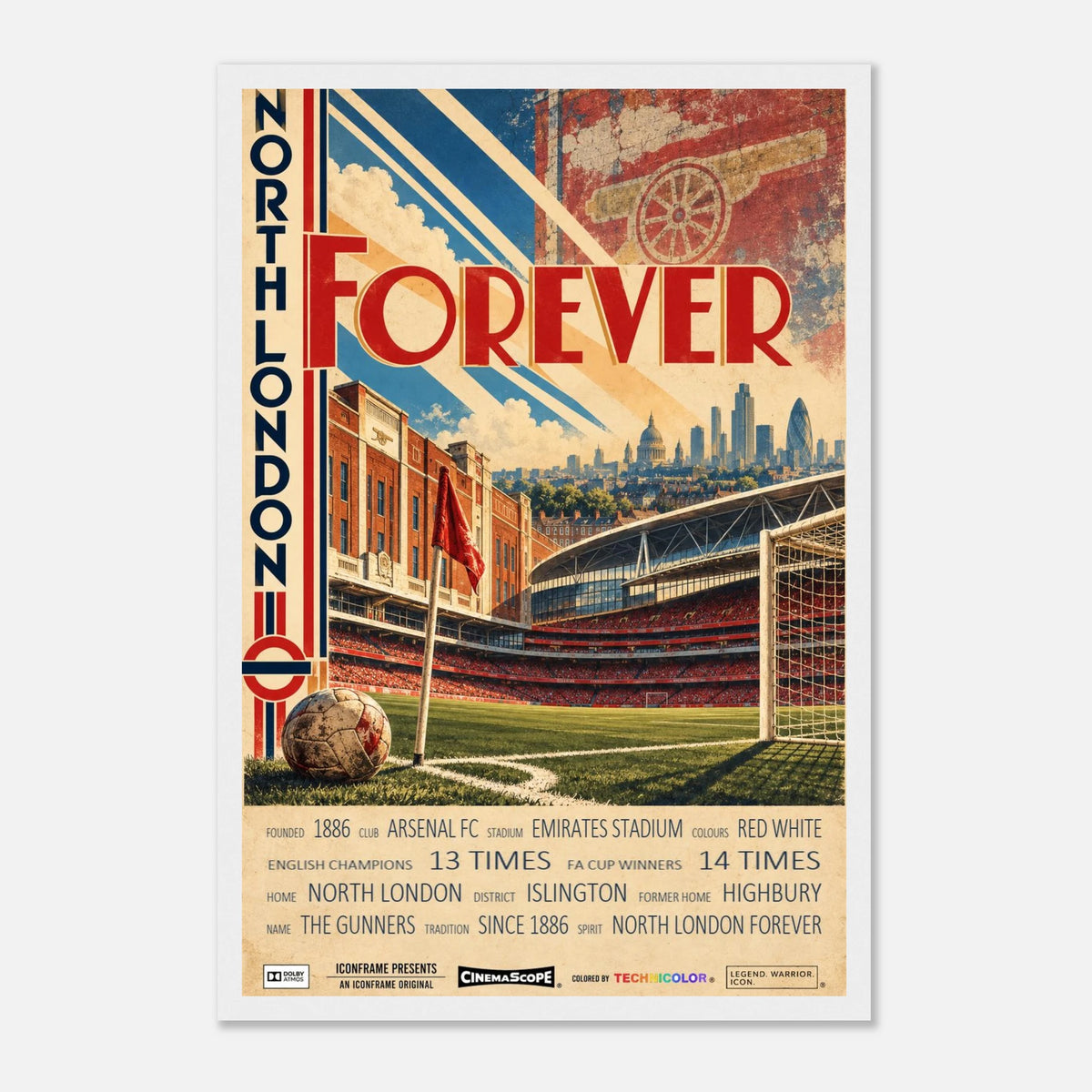 Arsenal Poster „North London Forever“ – 30 × 45 cm, mit weißem Holzrahmen vor hellem Hintergrund