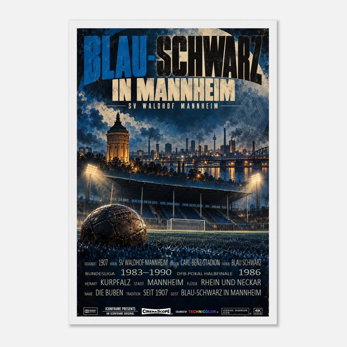 SV Waldhof Mannheim Poster „Blau-Schwarz in Mannheim“ – 30 × 45 cm, mit weißem Holzrahmen