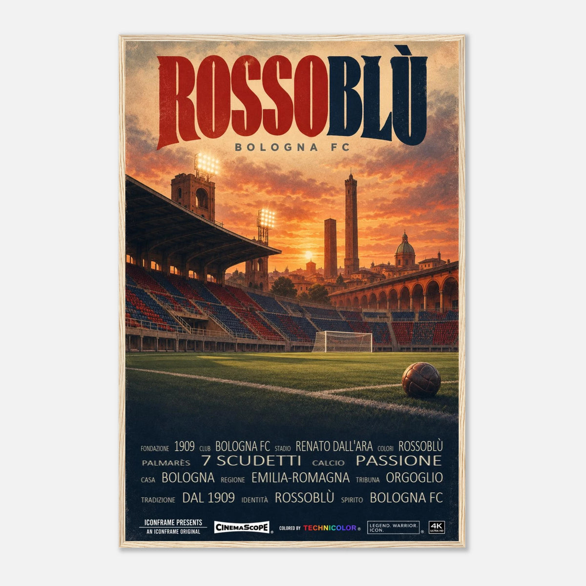 FC Bologna Poster „Rossoblù“ – 60 × 90 cm, mit naturfarbenem Holzrahmen vor hellem Hintergrund