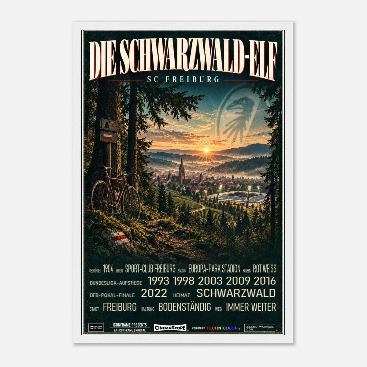 SC Freiburg Poster „Die Schwarzwald-Elf“ – 30 × 45 cm, mit weißem Holzrahmen vor hellem Hintergrund