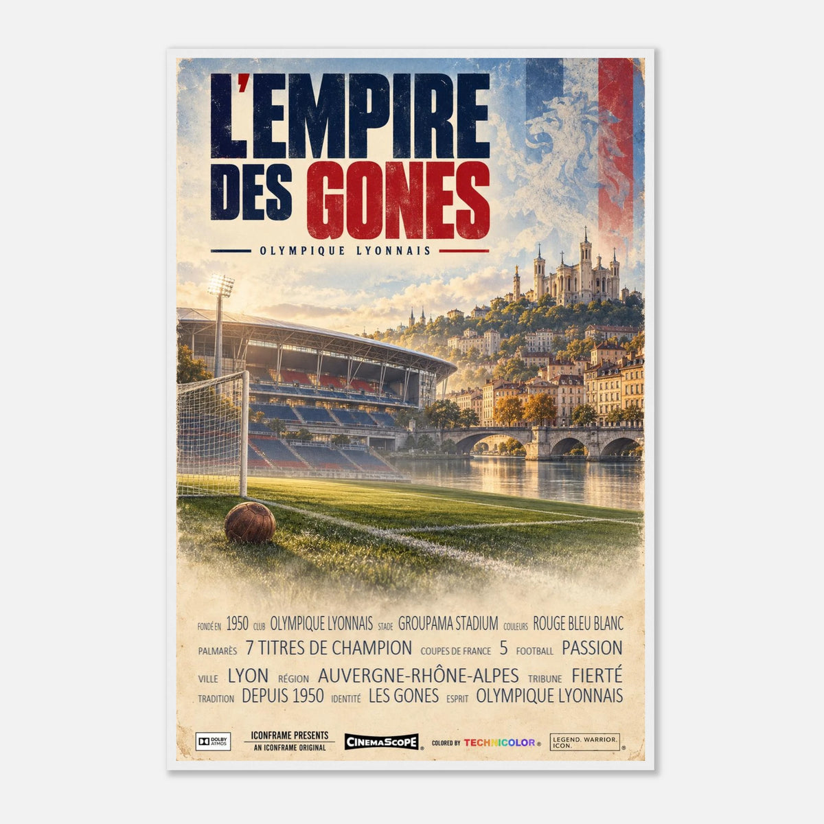 Olympique Lyon Poster „L’Empire des Gones“ – 60 × 90 cm, mit weißem Holzrahmen