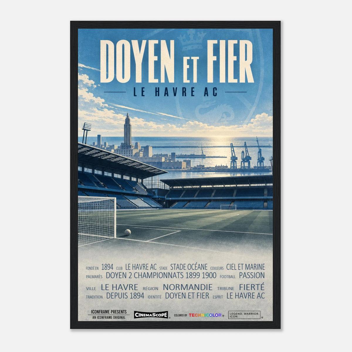 Le Havre AC Poster „Doyen et Fier“ – 30 × 45 cm, mit schwarzem Holzrahmen