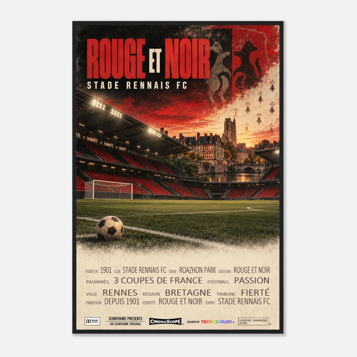 Stade Rennes Poster „Rouge et Noir“ – 60 × 90 cm, mit schwarzem Holzrahmen