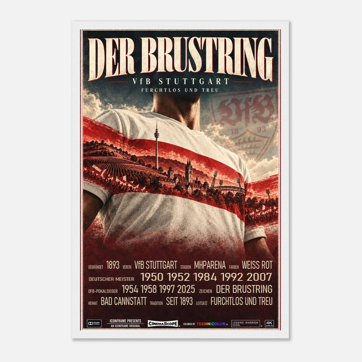 VfB Stuttgart Poster „Der Brustring“ – 30 × 45 cm, mit weißem Holzrahmen vor hellem Hintergrund
