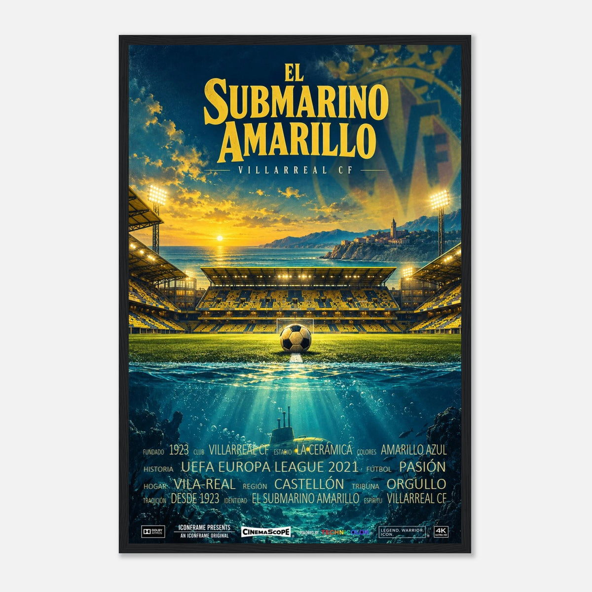 Villarreal Poster „El Submarino Amarillo“ – 40 × 60 cm, mit schwarzem Holzrahmen vor hellem Hintergrund