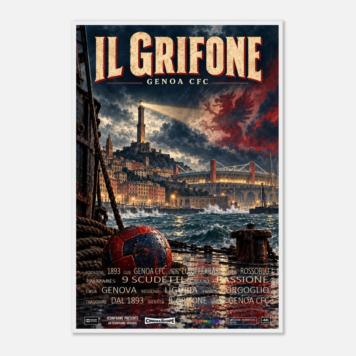 CFC Genua Poster „Il Grifone“ – 60 × 90 cm, mit weißem Holzrahmen vor hellem Hintergrund