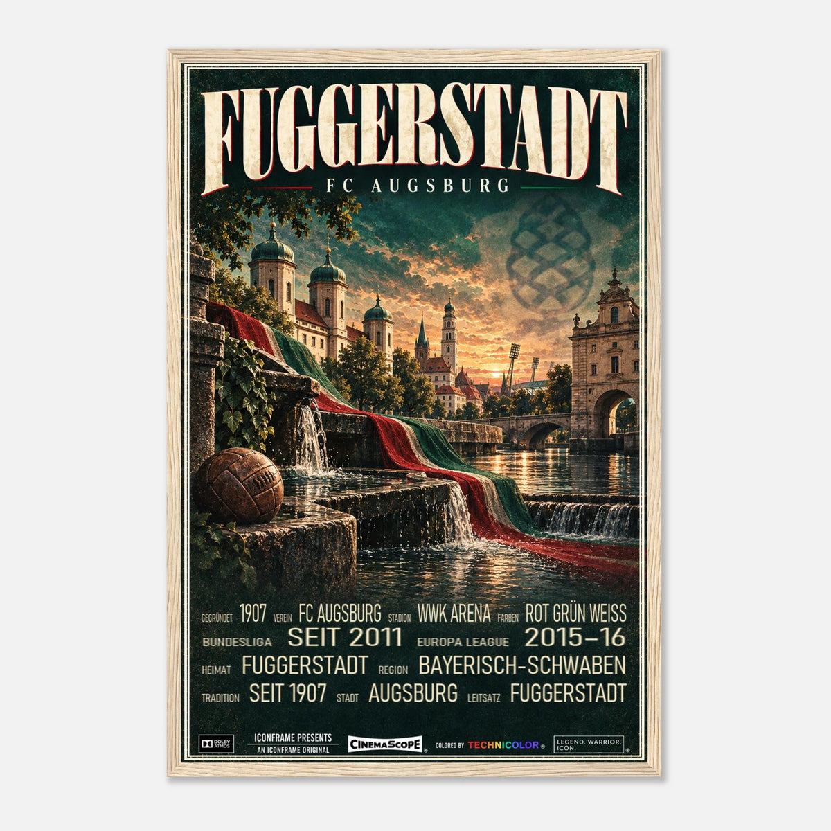 FC Augsburg Poster „Fuggerstadt“ – 40 × 60 cm, mit naturfarbenem Holzrahmen vor hellem Hintergrund