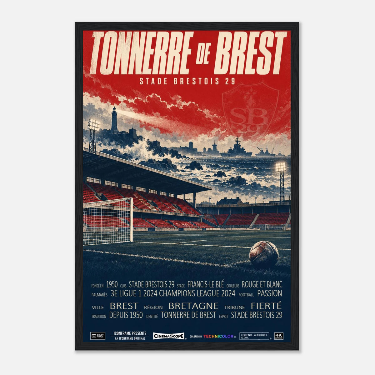 Stade Brest Poster „Tonnerre de Brest“ – 30 × 45 cm, mit schwarzem Holzrahmen