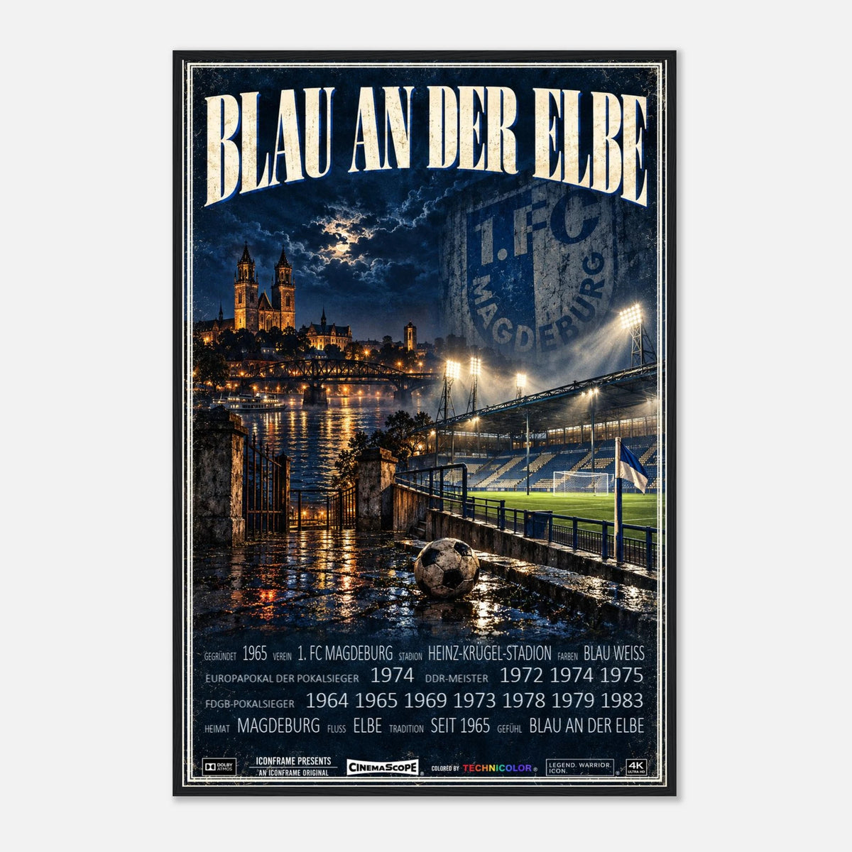 1. FC Magdeburg Poster „Blau an der Elbe“ – 60 × 90 cm, mit schwarzem Holzrahmen vor hellem Hintergrund
