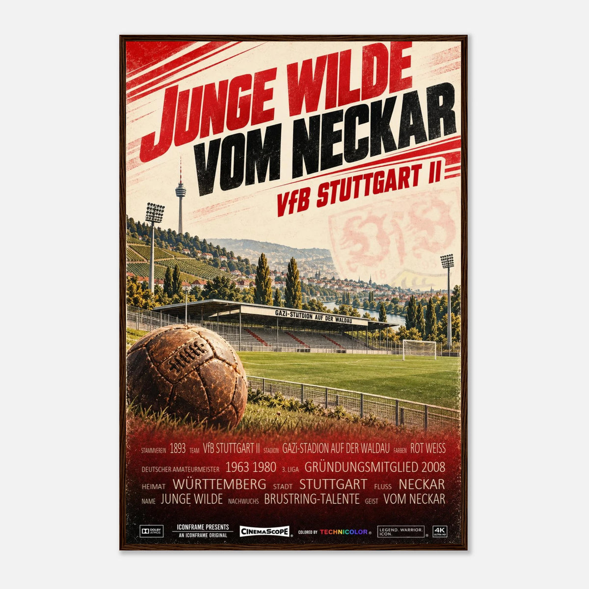 VfB Stuttgart II Poster „Junge Wilde vom Neckar“ – 60 × 90 cm, mit dunkelbraunem Holzrahmen