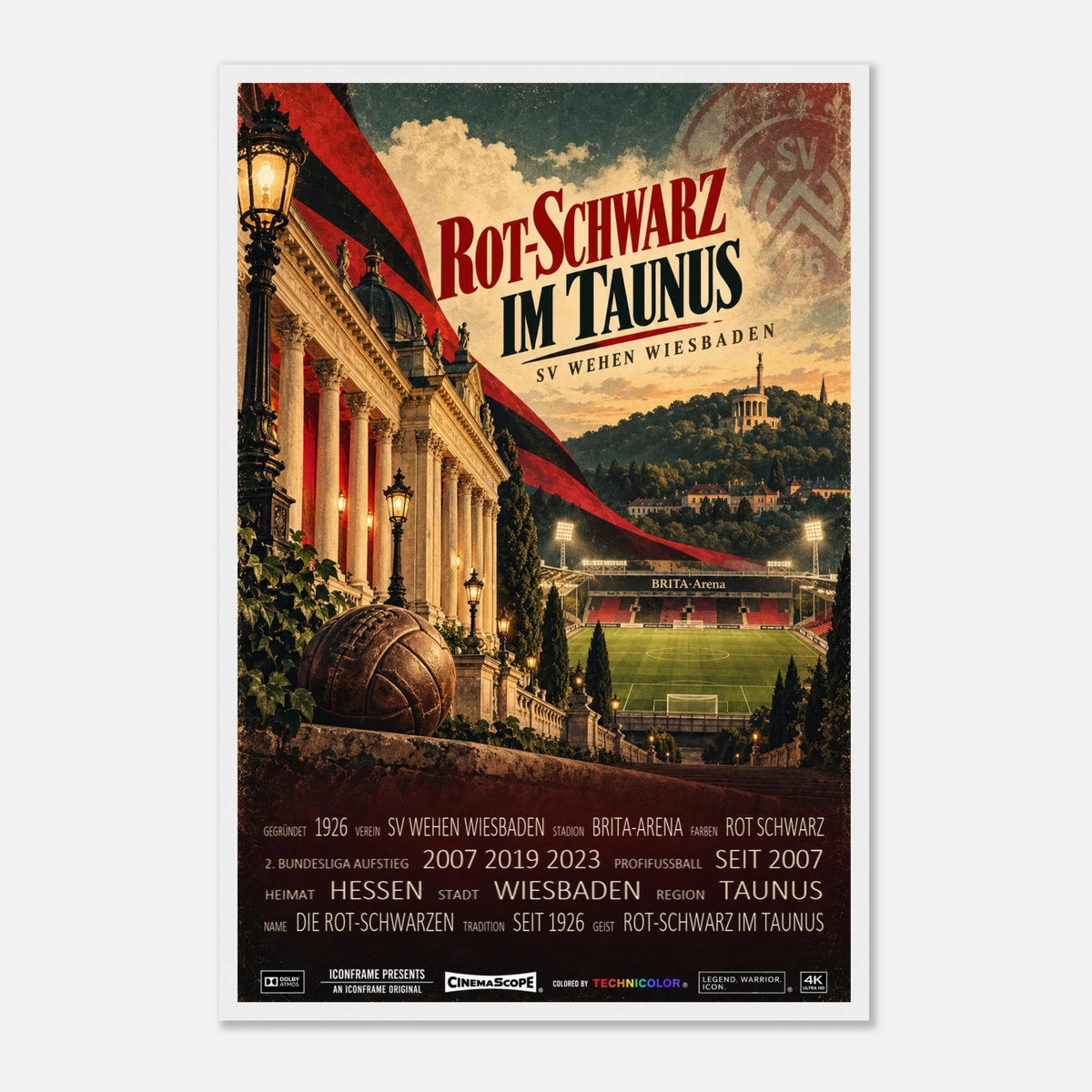 SV Wehen Wiesbaden Poster „Rot-Schwarz im Taunus“ – 40 × 60 cm, mit weißem Holzrahmen