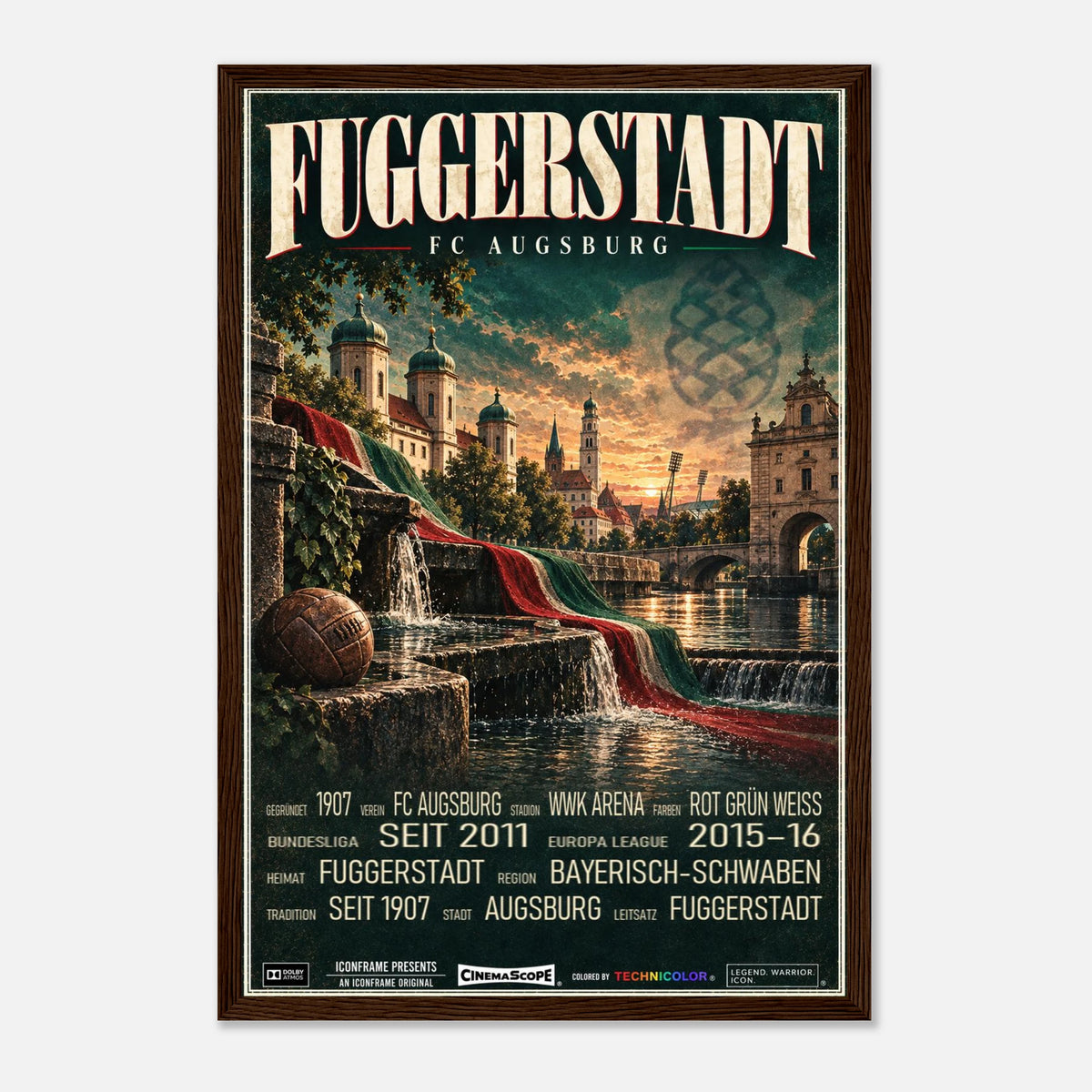 FC Augsburg Poster „Fuggerstadt“ – 30 × 45 cm, mit dunkelbraunem Holzrahmen vor hellem Hintergrund