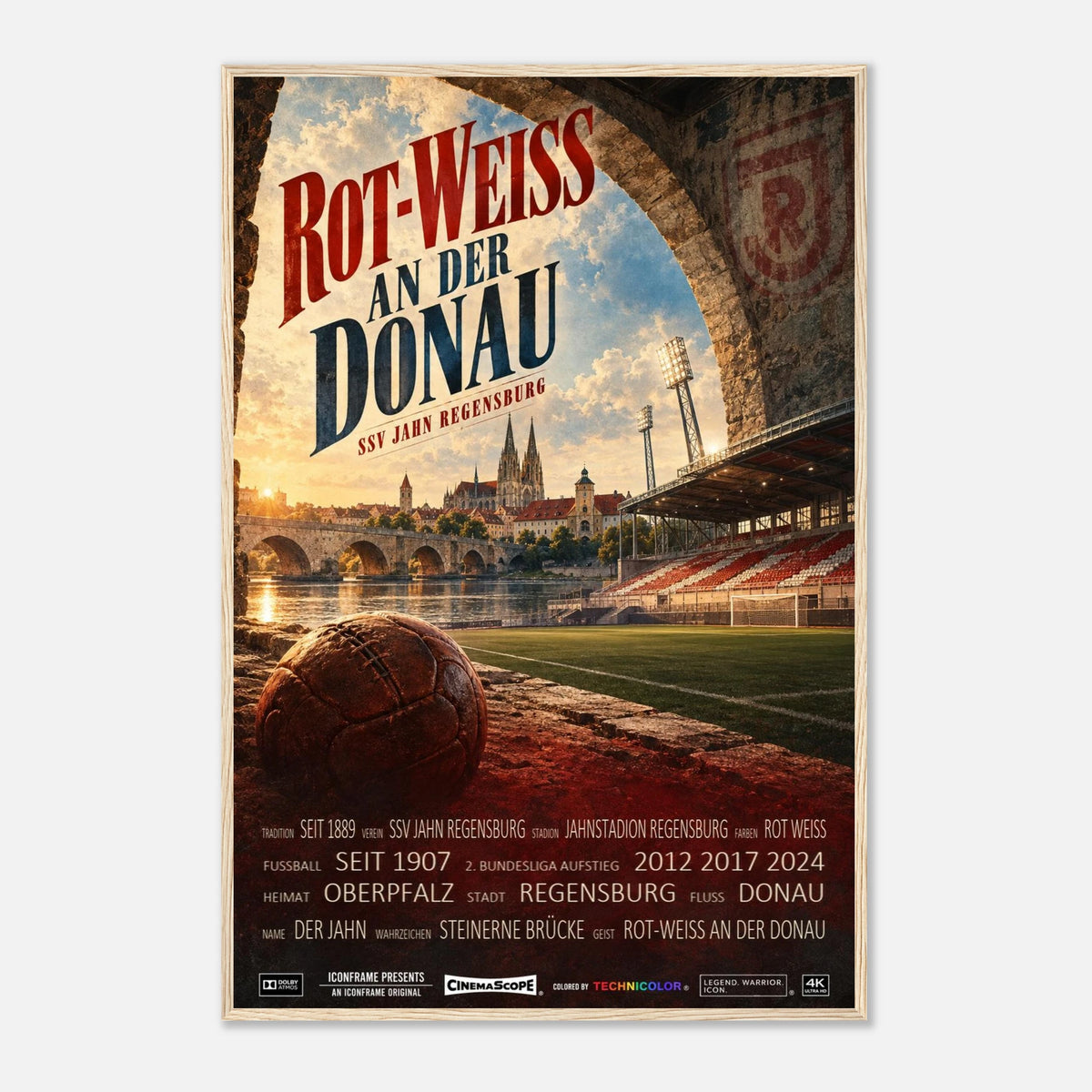 SSV Jahn Regensburg Poster „Rot-Weiss an der Donau“ – 60 × 90 cm, mit naturfarbenem Holzrahmen