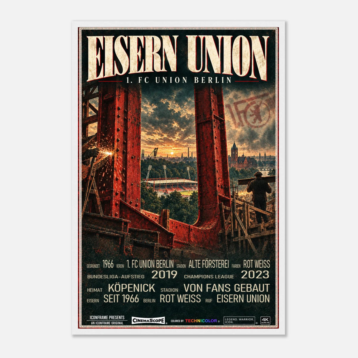Union Berlin Poster „Eisern Union“ – 40 × 60 cm, mit weißem Holzrahmen vor hellem Hintergrund