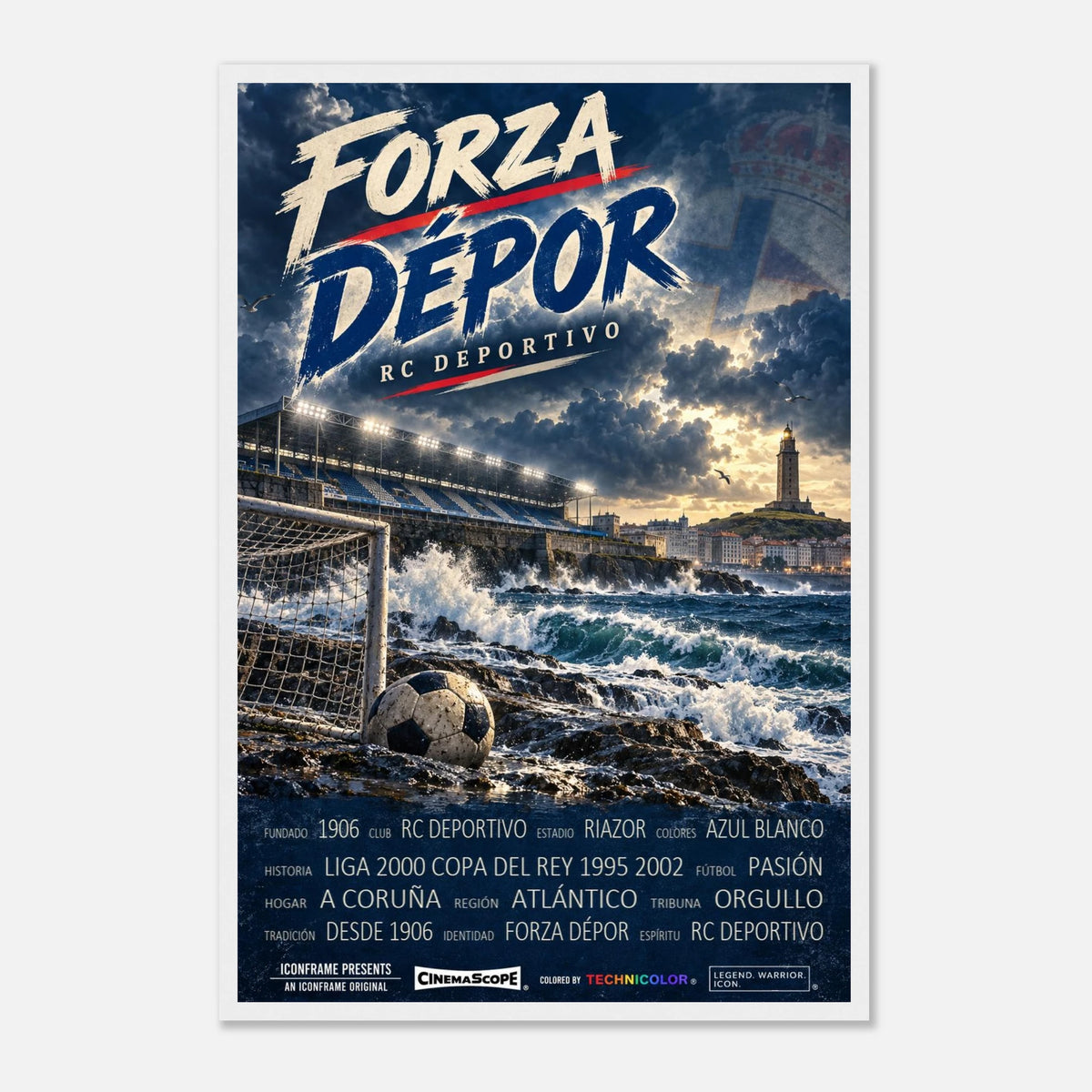 Deportivo A Coruña Poster „Forza Dépor“ – 40 × 60 cm, mit weißem Holzrahmen vor hellem Hintergrund