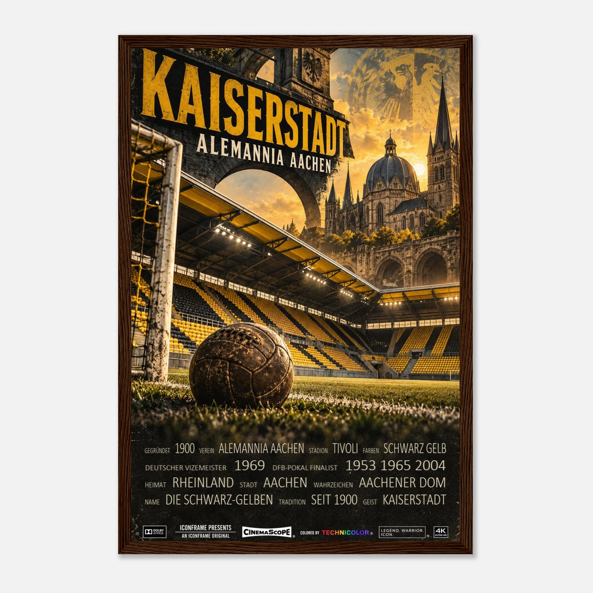 Alemannia Aachen Poster „Kaiserstadt“ – 30 × 45 cm, mit dunkelbraunem Holzrahmen
