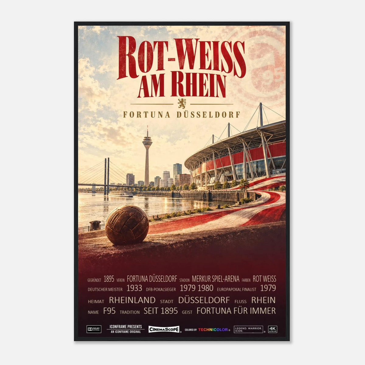 Fortuna Düsseldorf Poster „Rot-Weiss am Rhein“ – 60 × 90 cm, mit schwarzem Holzrahmen