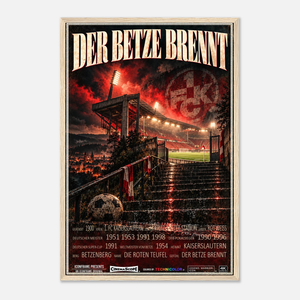 1. FC Kaiserslautern Poster „Der Betze brennt“ – 40 × 60 cm, mit naturfarbenem Holzrahmen vor hellem Hintergrund