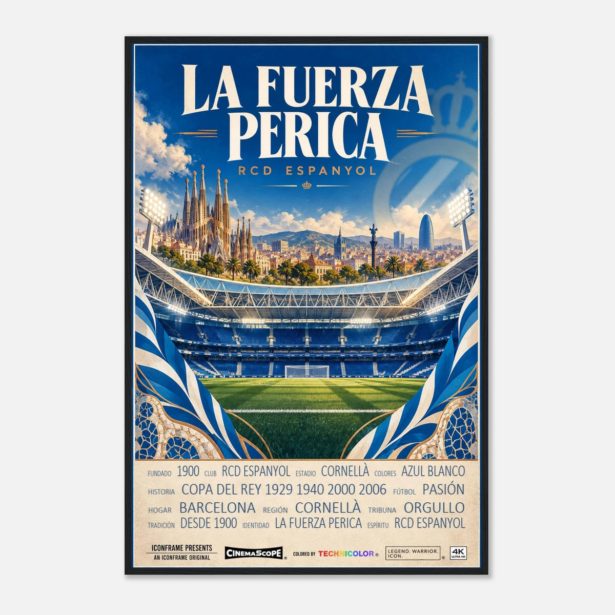 Espanyol Barcelona Poster „La Fuerza Perica“ – 60 × 90 cm, mit schwarzem Holzrahmen vor hellem Hintergrund