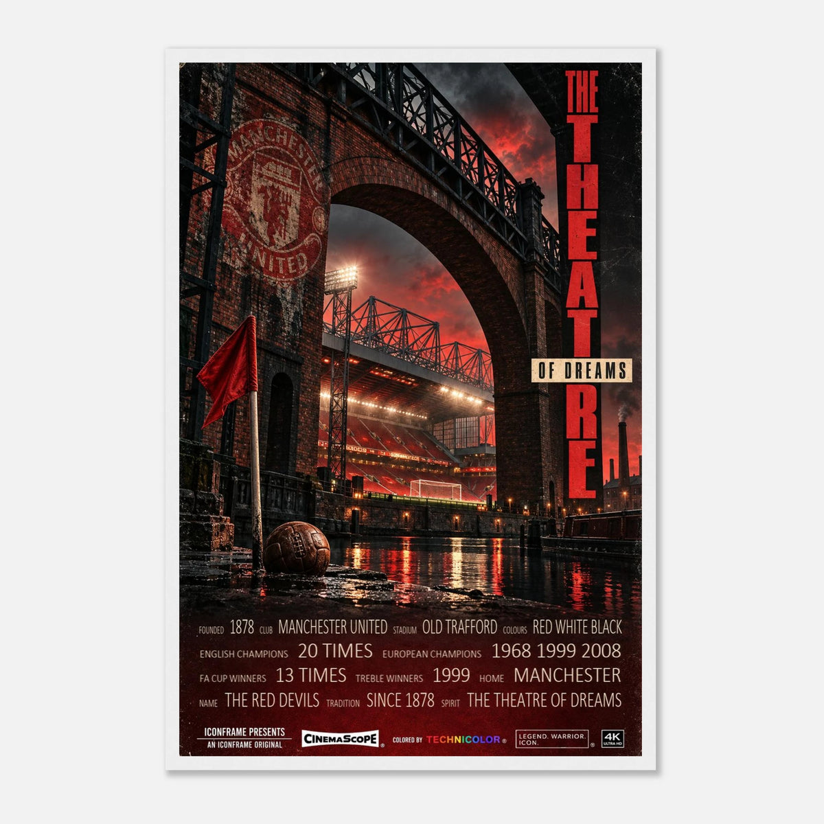 Manchester United Poster „The Theatre of Dreams“ – 40 × 60 cm, mit weißem Holzrahmen vor hellem Hintergrund
